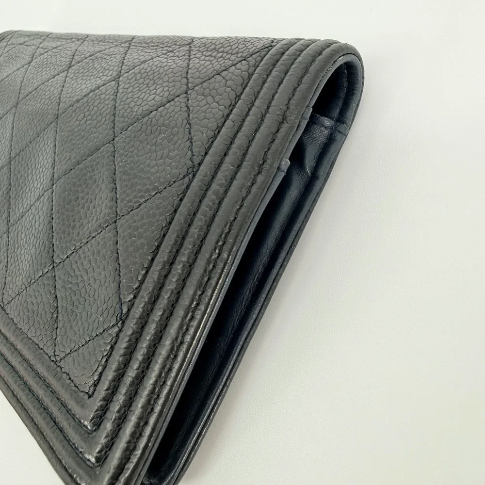 Chanel Boy Flap Wallet Black Quilted Caviar Gold Hardware Luxury Wallet on Chain
